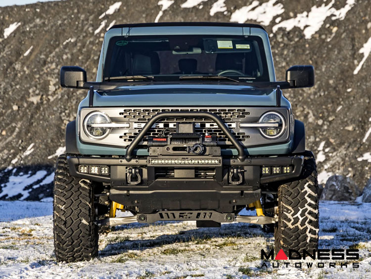 Ford Bronco Winch Mount - High Mount - OE Modular Bumper - Rough Country - PRO12000S Winch - Black Series White DRL LED